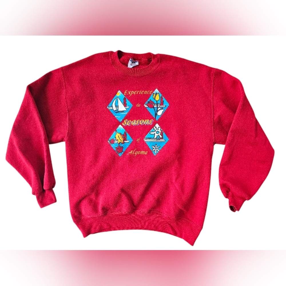 Vintage Algoma Wisconsin Seasons Sweatshirt Large Red USA Sailboat Sweater